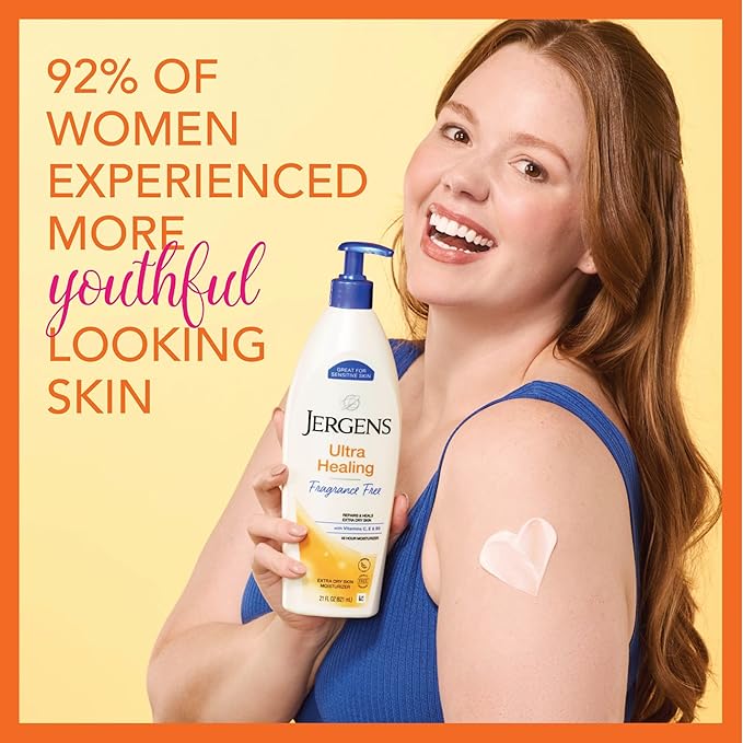 Jergens Ultra Healing Dry Skin Lotion, Hand and Body Moisturizer for Quick Absorption into Extra Dry Skin with Hydralucence Blend, Vitamins C, E and B5, White, 21 oz-FemmiqueWomen