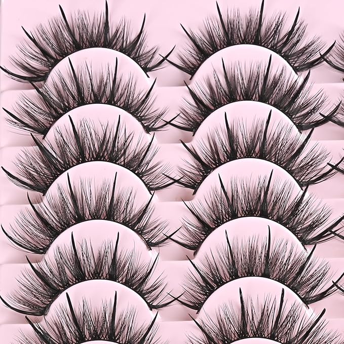 FARRED Wispy Lashes Hybrid Mink Eyelashes 14 Pairs Short Cat Eye Natural Fluffy False Eyelashes Faux Mink Strip Eye Lashes Pack for Daily Makeup (F17 | 8-16 mm)-FemmiqueWomen