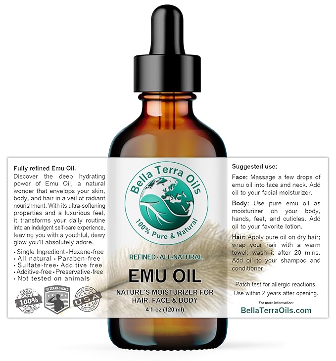 Bella Terra Oils - Emu Oil 4 oz - Genuine Pure Australian Emu, Infused with Linoleic & Oleic Acid, Perfect Companion for Lustrous Skin-FemmiqueWomen