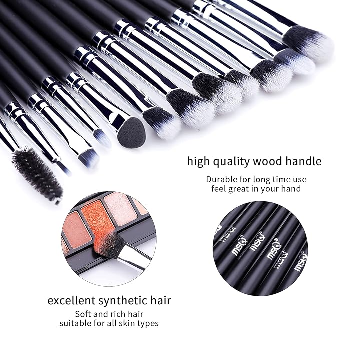 MSQ Eye Makeup Brushes 12pcs Eyeshadow Makeup Brushes Set with Soft Synthetic Hairs & Real Longer Wood Handle for Eyeshadow, Eyelash,Eyebrow, Eyeliner, Blending, Conclear(Black)-FemmiqueWomen