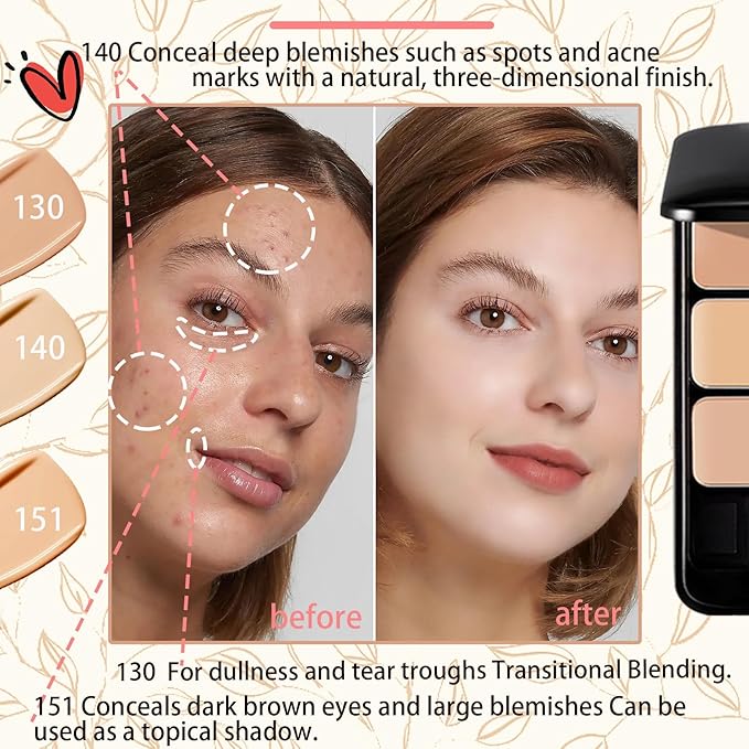 3 Colors Corrector Palette,Moisturizing Long Lasting Waterproof Cream Contour Makeup Palette,Color Correcting Concealer,Natural Flawless Full Coverage Liquid Foundation Set with Makeup Brushes-FemmiqueWomen