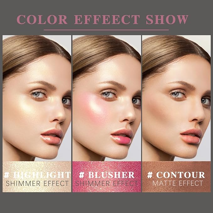 3Pcs Contour Highlighter Cream Blush Stick for Cheeks Eyes Lips Lightweight Dewy Finish Blush Stick Waterproof Long Lasting Contour Stick Trio Wand Face Makeup Set for Girls and Women (1+3+4)-FemmiqueWomen
