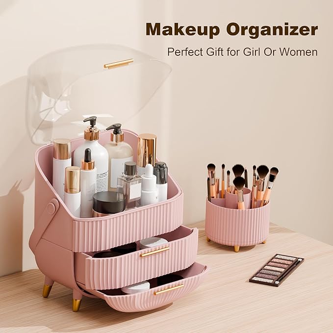 Makeup Organizers and Storage Make up Organizer for Vanity Cosmetics Skincare With Lid and Drawers Display Cases for Countertop Bathroom Women Teenager Girl Gifts(Pink+Brush Holder)-FemmiqueWomen