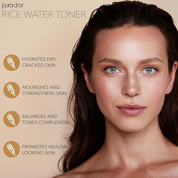 PURA D'OR 3.3 Oz Rice Water Facial Toner - Hydrating, Balancing & Soothing Formula with Natural Extracts - Skin Texture Support for Radiant Skin - Alcohol-Free - Travel Size-FemmiqueWomen