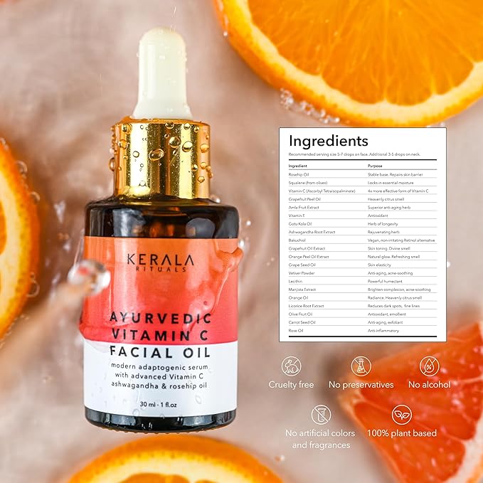 Ayurvedic Vitamin C Face Oil with Rosehip Oil, Bakuchiol, Ashwagandha, and Squalane, Hydrating, Brightening, and Repairing Serum for Dark Spots, Fine Lines, and Wrinkles, Clean Luxury Skincare-FemmiqueWomen