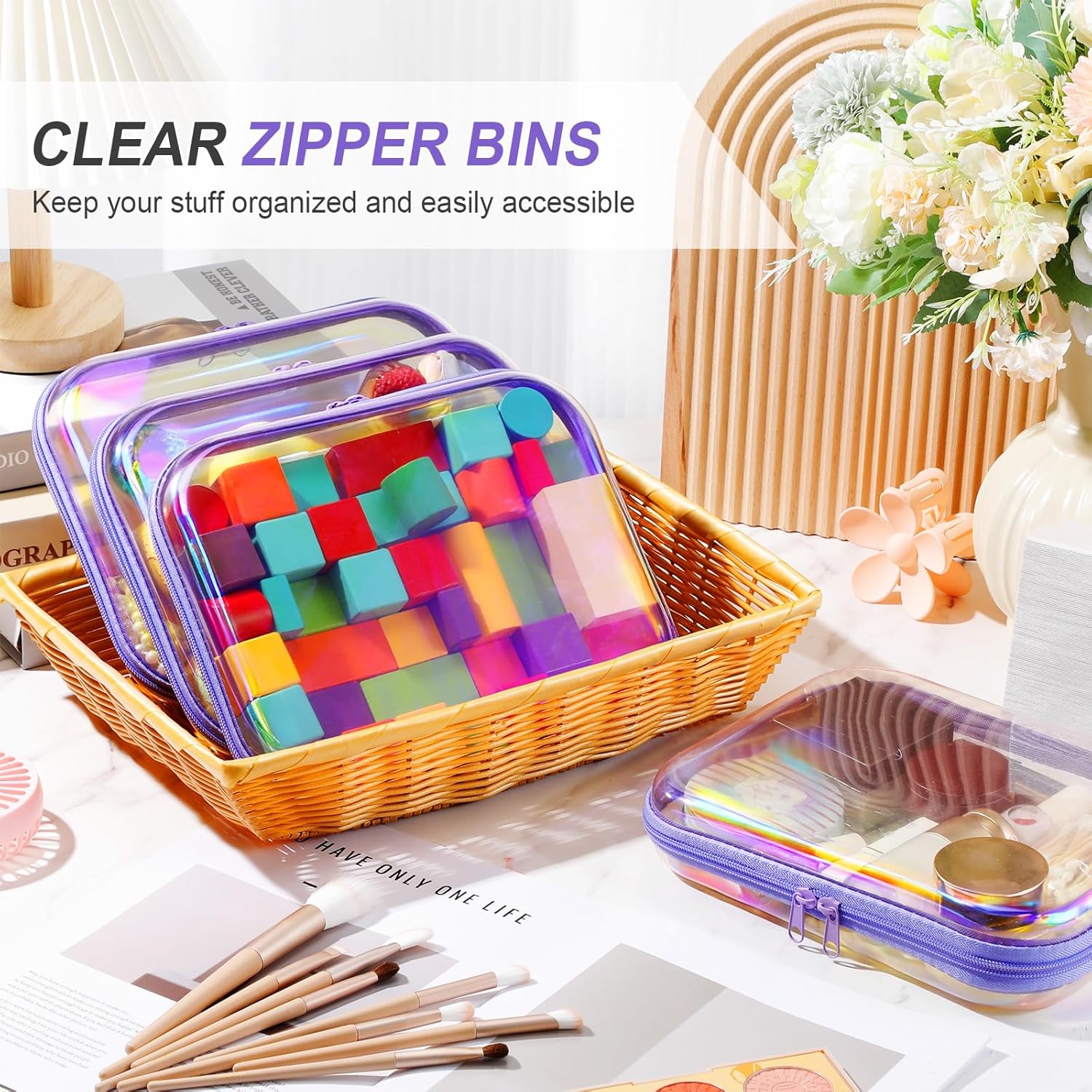Hoolerry 4 Pcs Hard Clear Zipper Case Makeup Bags Plastic Pencil Pouch Transparent Storage Box Containers for Cosmetics, Snacks, Building Blocks, Puzzles(Purple Laser,9.8 x 7.9 x 2 in)-FemmiqueWomen