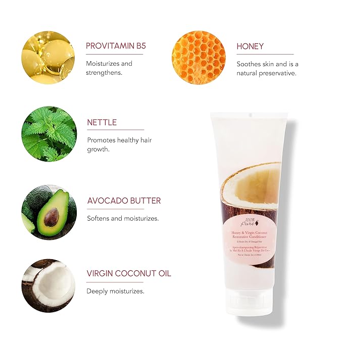 100% PURE Honey & Virgin Coconut Restorative Conditioner Moisturizer & Repair Replenishing Nutrient Boost for Dry Damaged Hair, Promotes Healthy Growth for Women & Men - Sulfate Free - 8 Fl Oz-FemmiqueWomen