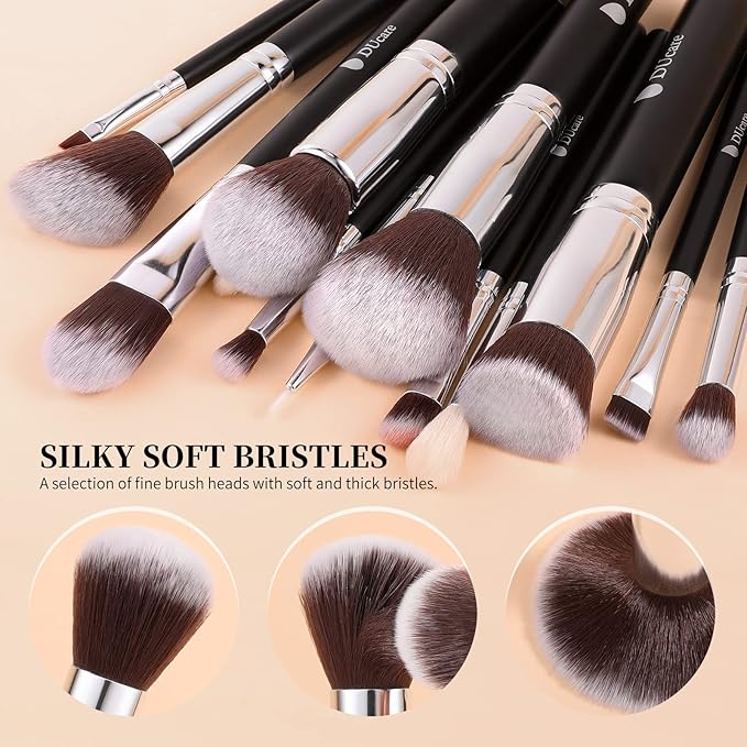 DUcare 15pcs Classic Black Makeup Brush Set with Bag Professional Soft Synthetic Foundation, Blending, Eyeshadow, Powder, Concealer Brushes for Flawless Makeup Application-FemmiqueWomen