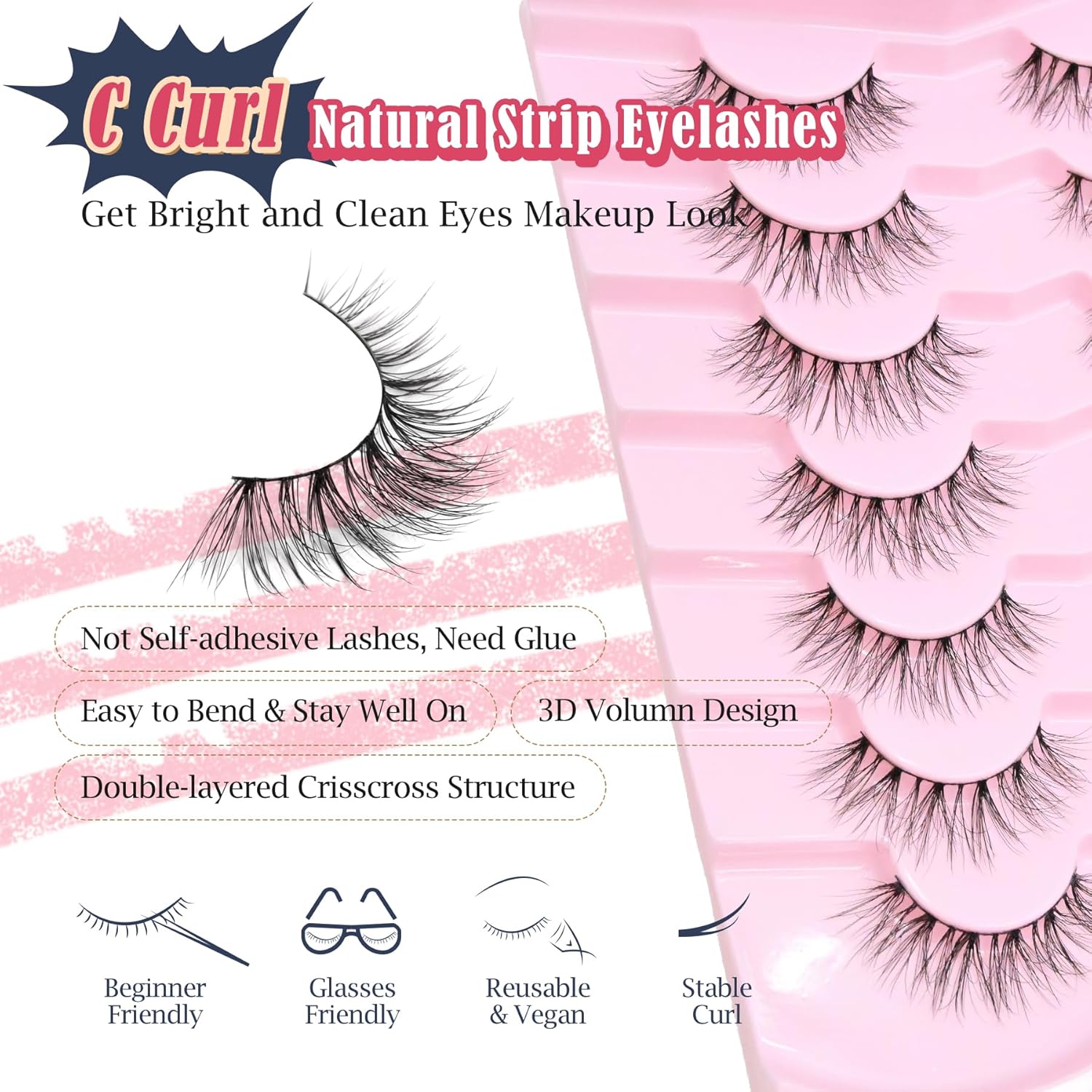 False Lashes Natural Wispy Eyelashes 11mm Short Lashes 3D Volume Fake Eyelashes Thin Cotton Band C Curl Soft Strip Eye Lashes Pack 7 Pairs Siligli-FemmiqueWomen
