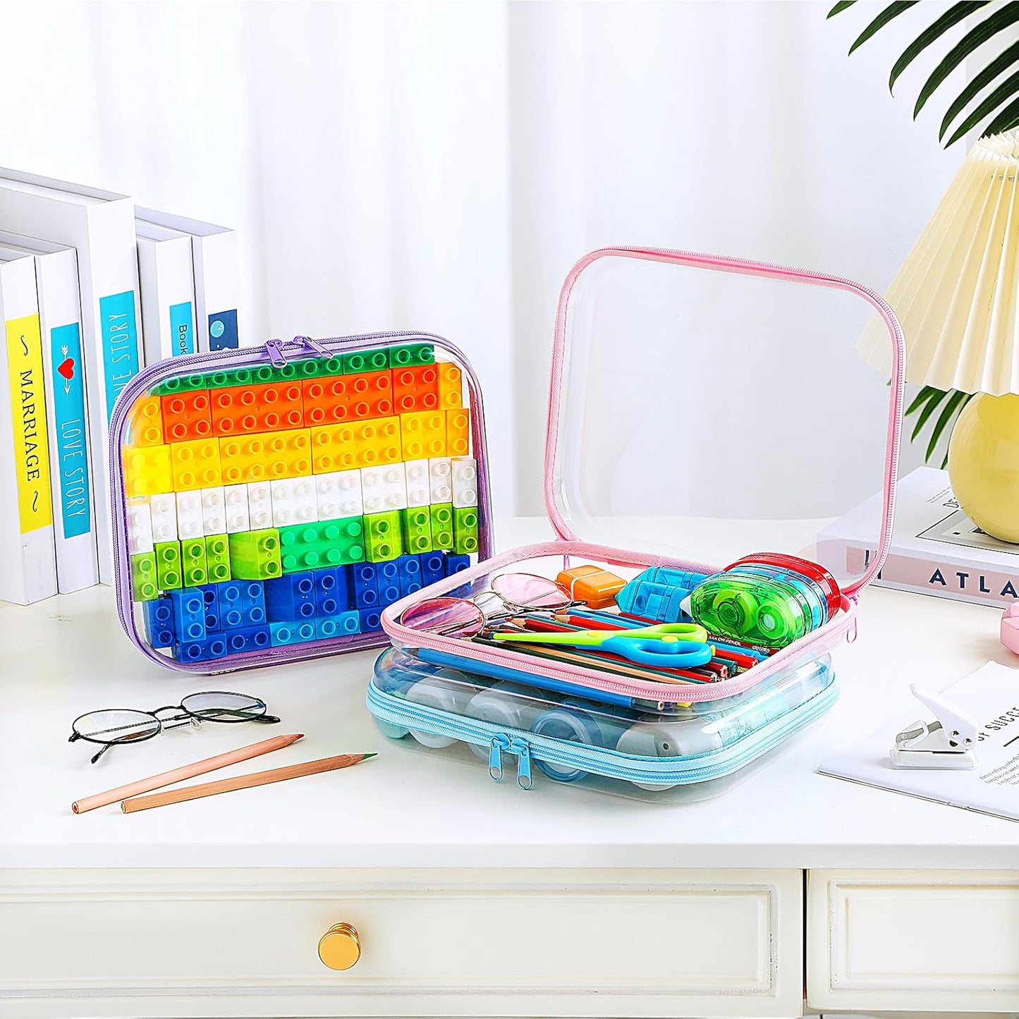 Hoolerry 3 Pcs Clear Hard Zipper Case Plastic Pouch Transparent Hard Case Clear Makeup Bag Portable Travel Organizer Bin for Cosmetics, Building Blocks, Puzzles (Multicolor,M)-FemmiqueWomen