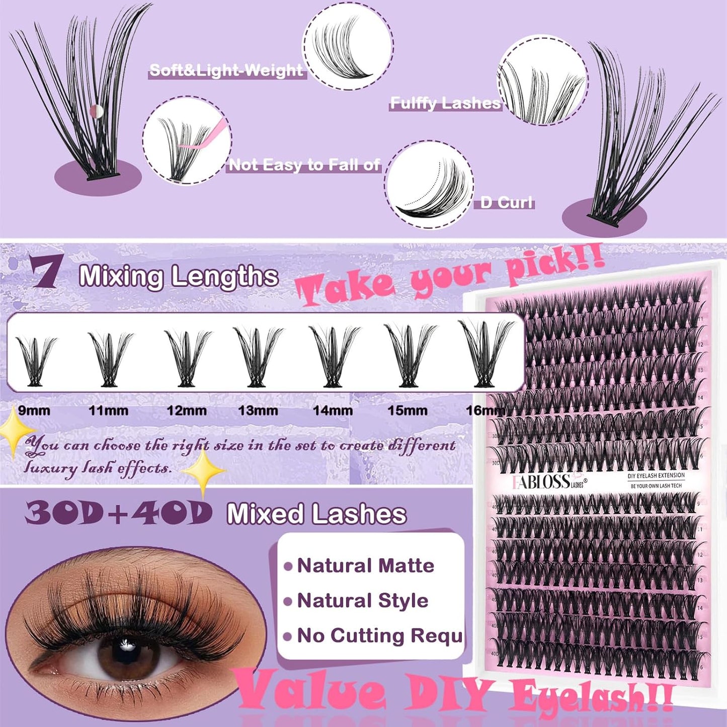 Lash Clusters Kit Fluffy 280Pcs Lash Clusters DIY Eyelash Extension Kit 30D+40D Individual Lashes Clusters Kit with Lash Bond and Seal, Lash Remover, Lash Tweezers(30D+40D, 9-16mm, Kit)-FemmiqueWomen