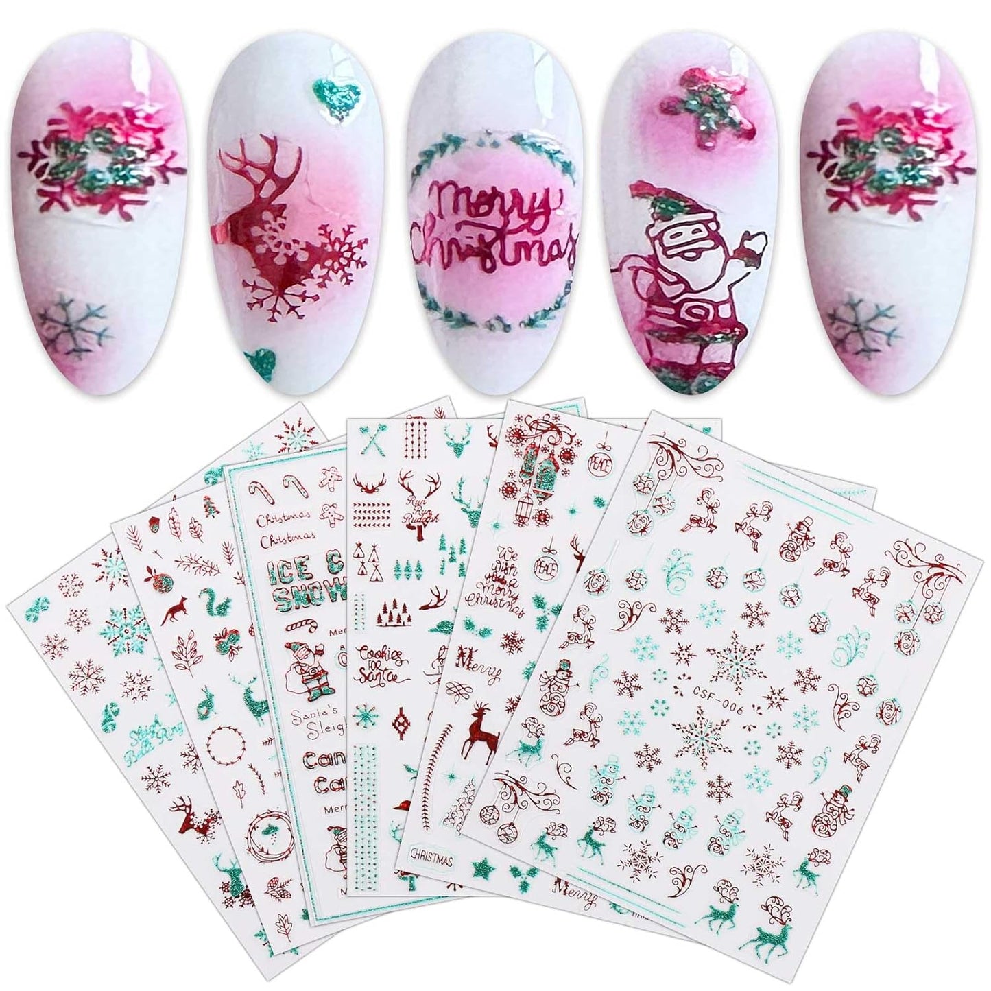 JMEOWIO 9 Sheets Christmas Glitter Nail Art Stickers Decals Self-Adhesive Green Red Snowflake Winter Holiday Nail Supplies Nail Art Design Decoration Accessories-FemmiqueWomen