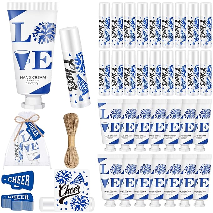 144 Pcs Blue Cheer Favors Natural Bulk Lip Balm and Hand Cream Set, Include 36 Lip Balm 36 Moisturizing Hand Cream 36 Bags 36 Card and Rope cheer accessories for Team Sports Party Supplies-FemmiqueWomen