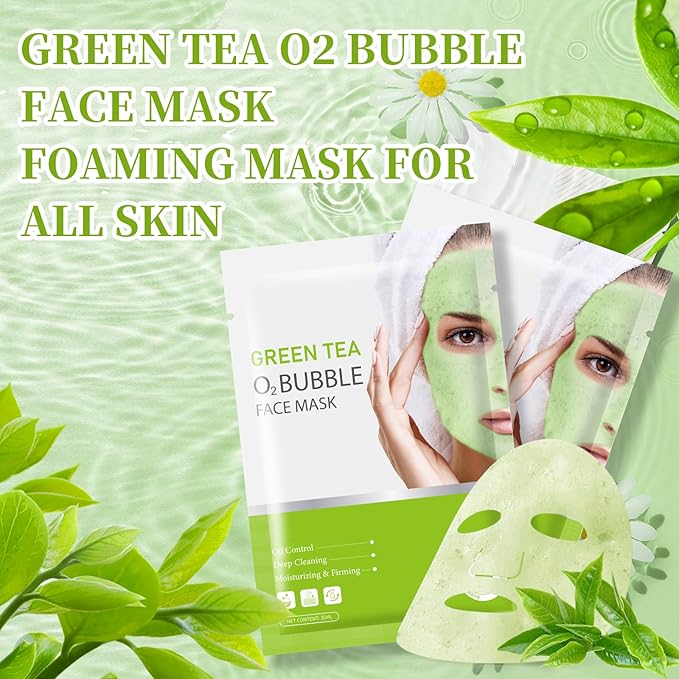 10 Sheets Face Masks Skincare O2 Bubble Green Tea Face Mask, Cleaner Bubble Sheet Masks Foaming Purifying Facial Mask for Pores, Moisturizing Spa Face Masks Skin Care For All Skin Type-FemmiqueWomen
