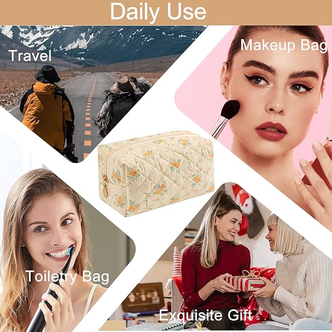 Makeup Bag Travel Cosmetic Bag for Women Girls, Zipper Make Up Pouch, Floral Flowers Toiletry Organizer Makeup, Portable Storage Bag, Cosmetic Travel Cloth Bag (Yellow Orange Flower)-FemmiqueWomen