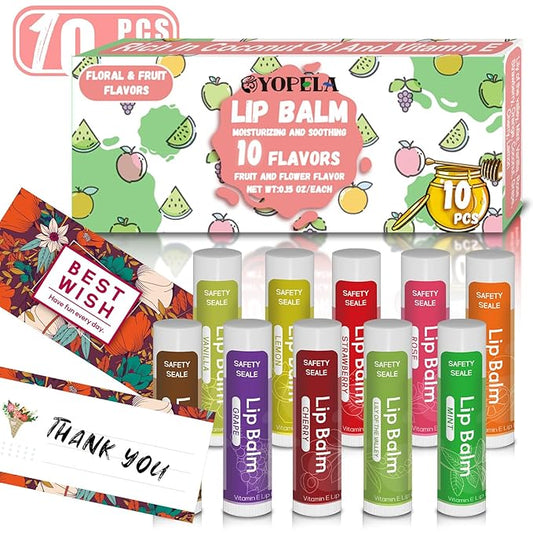 10 Pack Natural Lip Balm Bulk with Vitamin E and Coconut Oil Valentine's Day best choice - Moisturizing, Soothing, and Repairing Dry and Chapped Lips - 10 Flavors - Non-GMO-FemmiqueWomen