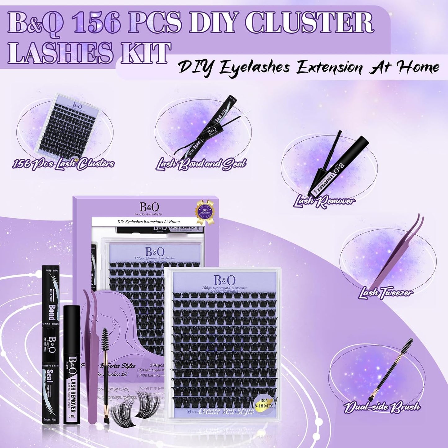 Lash Extension Kit B06 Eyelash Extension Kit B&Qaugen DIY Lash Extension Kit 156 PCS Lash Clusters 8-18mm Cluster Eyelash Extensions Kit with Lash Bond and Seal Lash Applicator Tool (Kit,B06)-FemmiqueWomen