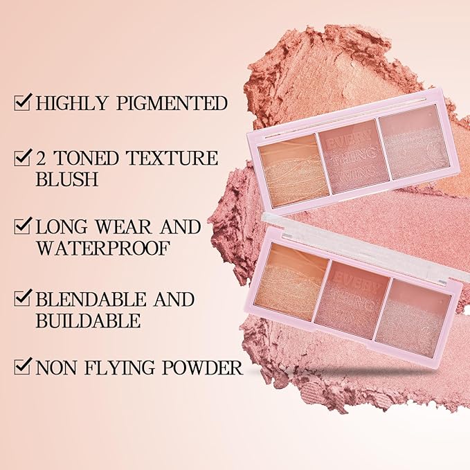 3 Colors Blush Palette，Blush Powder for Cheeks Makeup，Glitter Blusher with Brush，Long Wear，Highly Pigmented-FemmiqueWomen