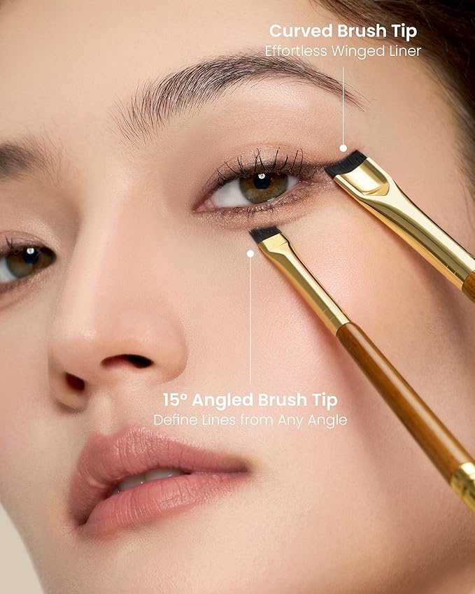 Desert Oak Series Precision Thin Eyeliner Brush - Dual-Ended Angled & Concave Tips for Winged Lines/Tightlining, Gel & Liquid Liner Compatible, Ebana Handle (CM 161)-FemmiqueWomen