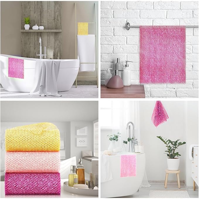 3 Piece Bright Style African exfoliating net Exfoliating Shower Set Long Bath Sponges for Smooth, Refreshed Skin, The Exterior Gleams - Ideal for Daily Use (Bright Yellow, Pink, Purple)-FemmiqueWomen