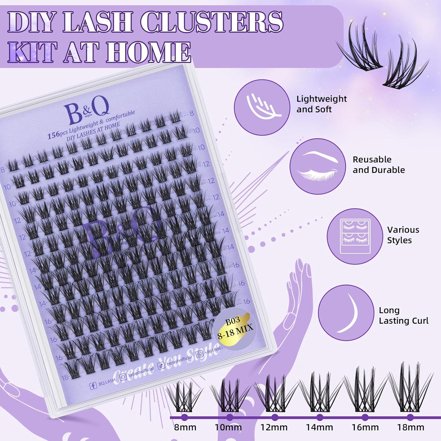 Lash Extension Kit B03 Eyelash Extension Kit B&Qaugen DIY Lash Extension Kit 156 PCS Lash Clusters 8-18mm Cluster Eyelash Extensions Kit with Lash Bond and Seal Lash Applicator Tool (Kit,B03)-FemmiqueWomen