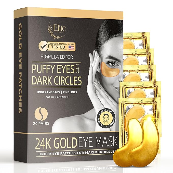 24k Gold Eye Mask - Under Eye Patches for Dark Circles, Puffiness, and Wrinkles - 20 Gold Eye Patches for Puffy Eyes with Collagen and Amino Acids for Intense Hydration and Firming-FemmiqueWomen