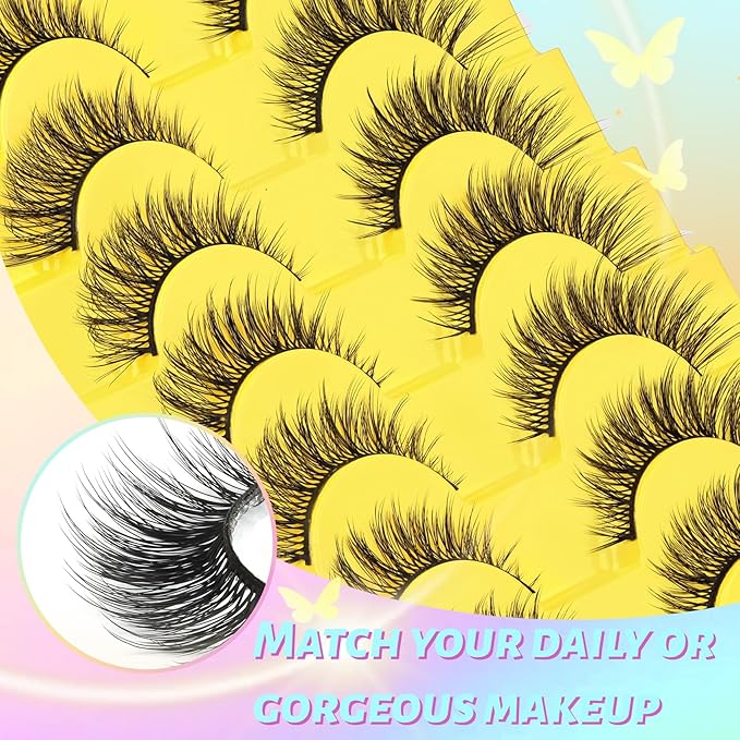 Losha Lashes Wispy Cat Eye Lashes 3D Natural False Eyelashes 9 Pairs Thin Faux Mink Lashes Pack Soft Lightweight Fake Eyelashes (Wispies)-FemmiqueWomen