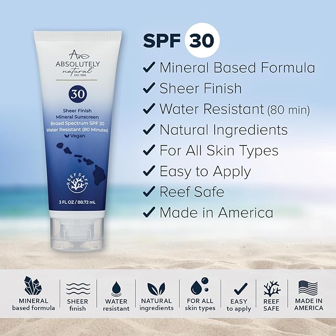 Absolutely Natural - SPF 30 Mineral Sunscreen - Broad Spectrum Water Resistant Moisturizer Lotion For Body & Face - With Non-Nano Zinc Oxide, Vitamin E, & Antioxidants - Made in USA, 3 Oz