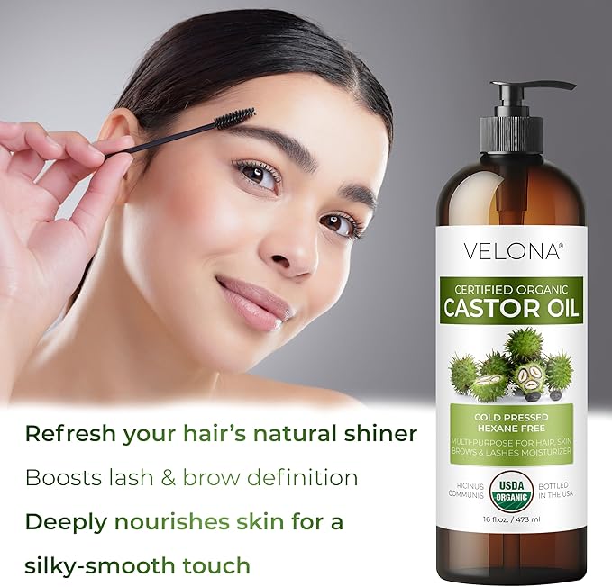 velona USDA Certified Organic Castor Oil - 16 fl oz (With Pump) | For Hair Growth, Boost Eyelashes, Eyebrows | Cold pressed, Natural Oil, USP Grade | Hexane Free, Lash Serum, Caster-FemmiqueWomen