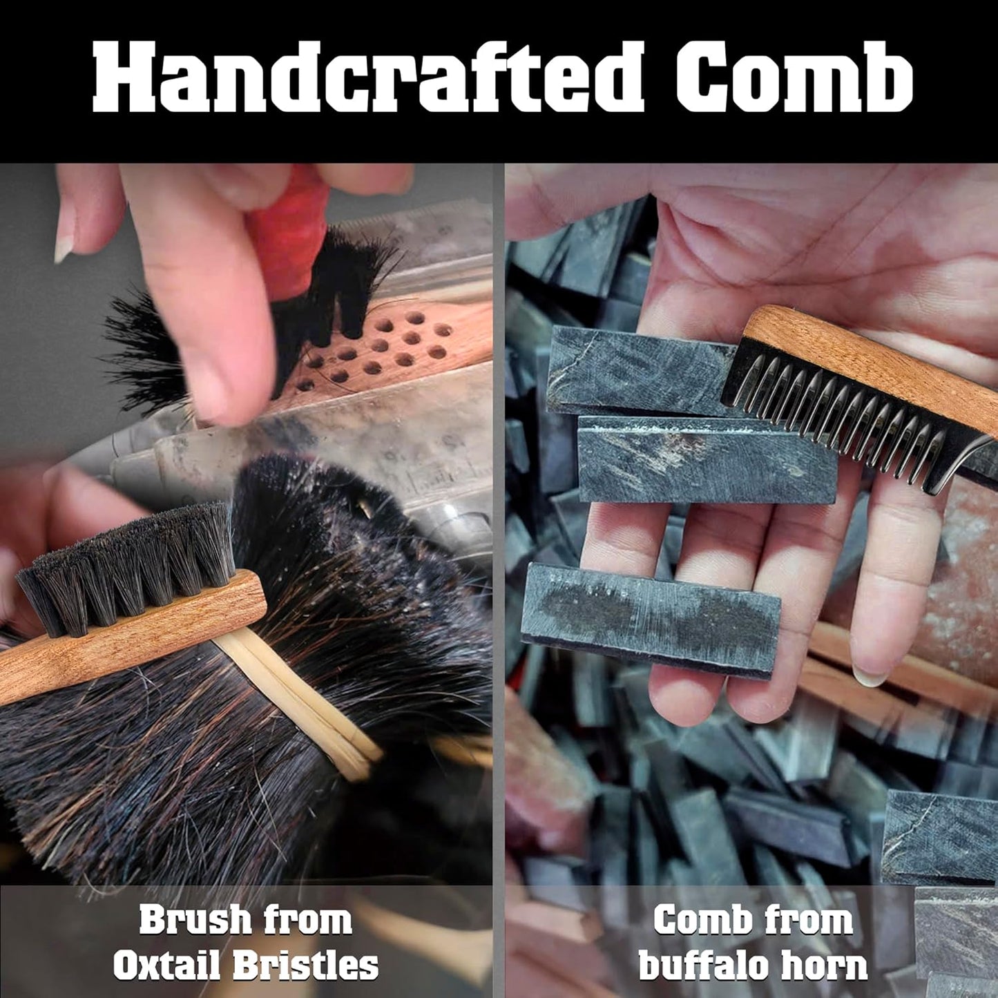 2-in-1 Beard Comb & Brush - Mustache & Beard Comb for Men. Handcrafted from Solid Wood, Buffalo Horn, and Cow Tail Hair. Comes in a Box, Perfect for Gifting.-FemmiqueWomen
