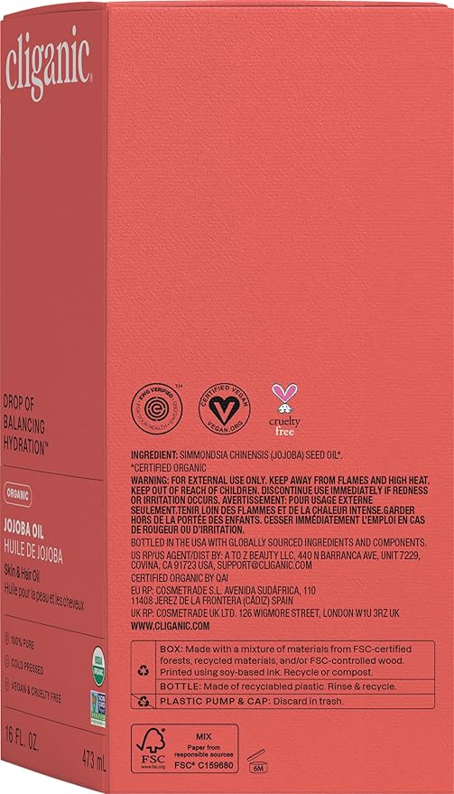 Cliganic Organic Jojoba Oil 16 oz, 100% Pure | Bulk, Natural Cold Pressed Unrefined Hexane Free for Hair & Face | Base Carrier Oil-FemmiqueWomen