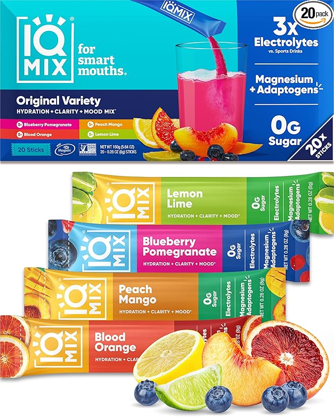 IQMIX Hydration Electrolyte Powder – 4-in-1 Formula for Hydration, Mental Clarity, Mood and Recovery – Sugar-Free Drink Mix, Keto, Magnesium L-Threonate, Lion’s Mane – 20 Count Variety Pack-FemmiqueWomen