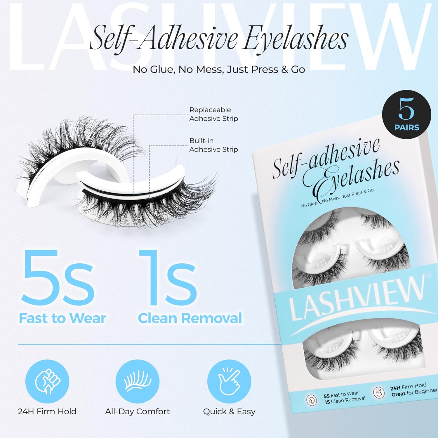 LASHVIEW Self Adhesive Eyelashes 5 Pairs Cat Eye Wispy Self-adhesive False Lashes Reusable Natural Look Press On Lashes No Glue Need Eyelashes with Replacement Adhesive Strips (CV01)-FemmiqueWomen