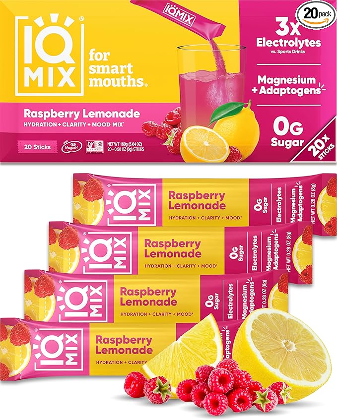 IQMIX Hydration Electrolyte Powder – 4-in-1 Formula for Hydration, Mental Clarity, Mood and Recovery – Sugar-Free Drink Mix, Keto, Magnesium L-Threonate, Lion’s Mane – 20 Count New Raspberry Lemonade-FemmiqueWomen