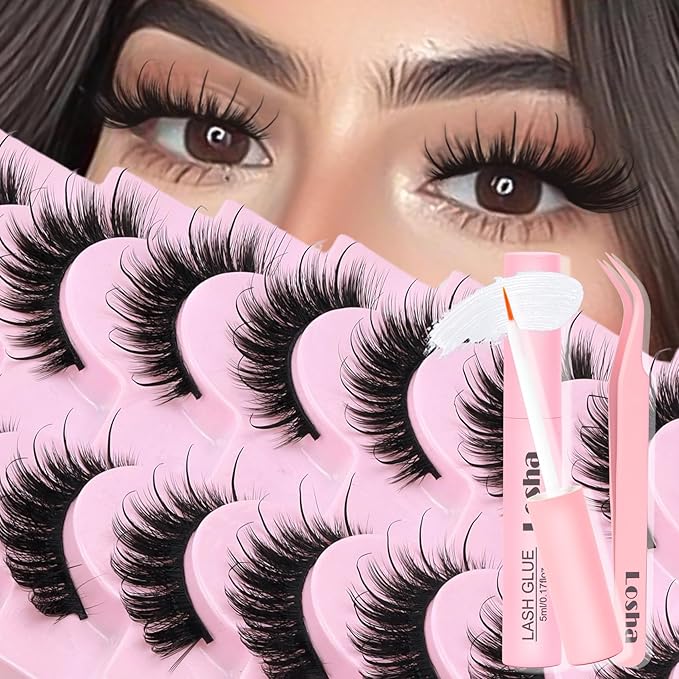 Losha Lashes Fluffy False Eyelashes 10 Pairs Spiky Cat Eye Lashes Kit with Lash Glue and Lash Tweezers 3D Volume Fake Eyelashes Soft Faux Mink Lashes Pack (Bold)-FemmiqueWomen