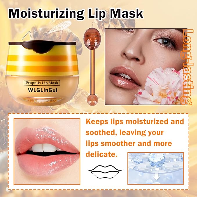 2PCS Bee Lip Balm Honey Pot,Hydrating Lip Moisturizer Cute Honey Pot Lip Balm Lip Scrubs Exfoliator with Wand,Moisturizing Exfoliating Overnight Propolis Lip Sleeping Mask for Men & Women-FemmiqueWomen