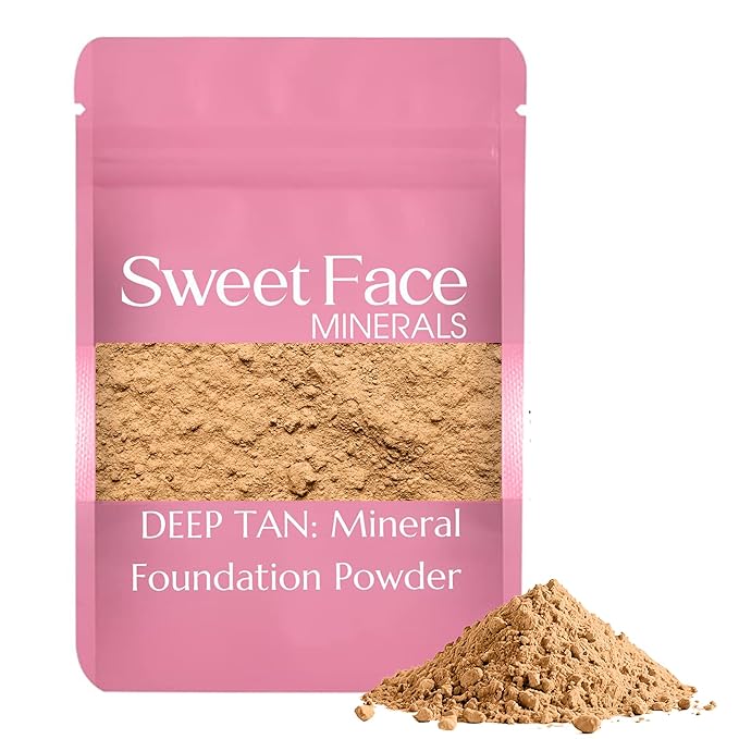 (12 Gram Bag) (Deep Tan) Foundation Powder Refill By Sweet Face Minerals, Lightweight Mineral Loose Makeup Powder with SPF 20, Full Coverage Flawless Finish, Talc-free, Cruelty-Free, Refillable Pouch-FemmiqueWomen