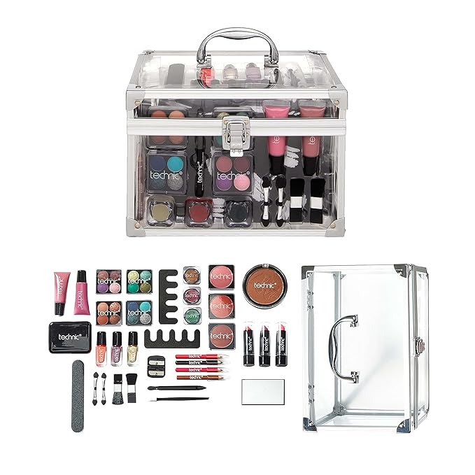 36 Pcs Clear Carry All Full Make Up Kit In a Trunk Train Case Including Makeup Brushes, Eye Shadows, Nail Polish, Blushers, Lipsticks and More-FemmiqueWomen