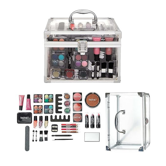 36 Pcs Clear Carry All Full Make Up Kit In a Trunk Train Case Including Makeup Brushes, Eye Shadows, Nail Polish, Blushers, Lipsticks and More-FemmiqueWomen