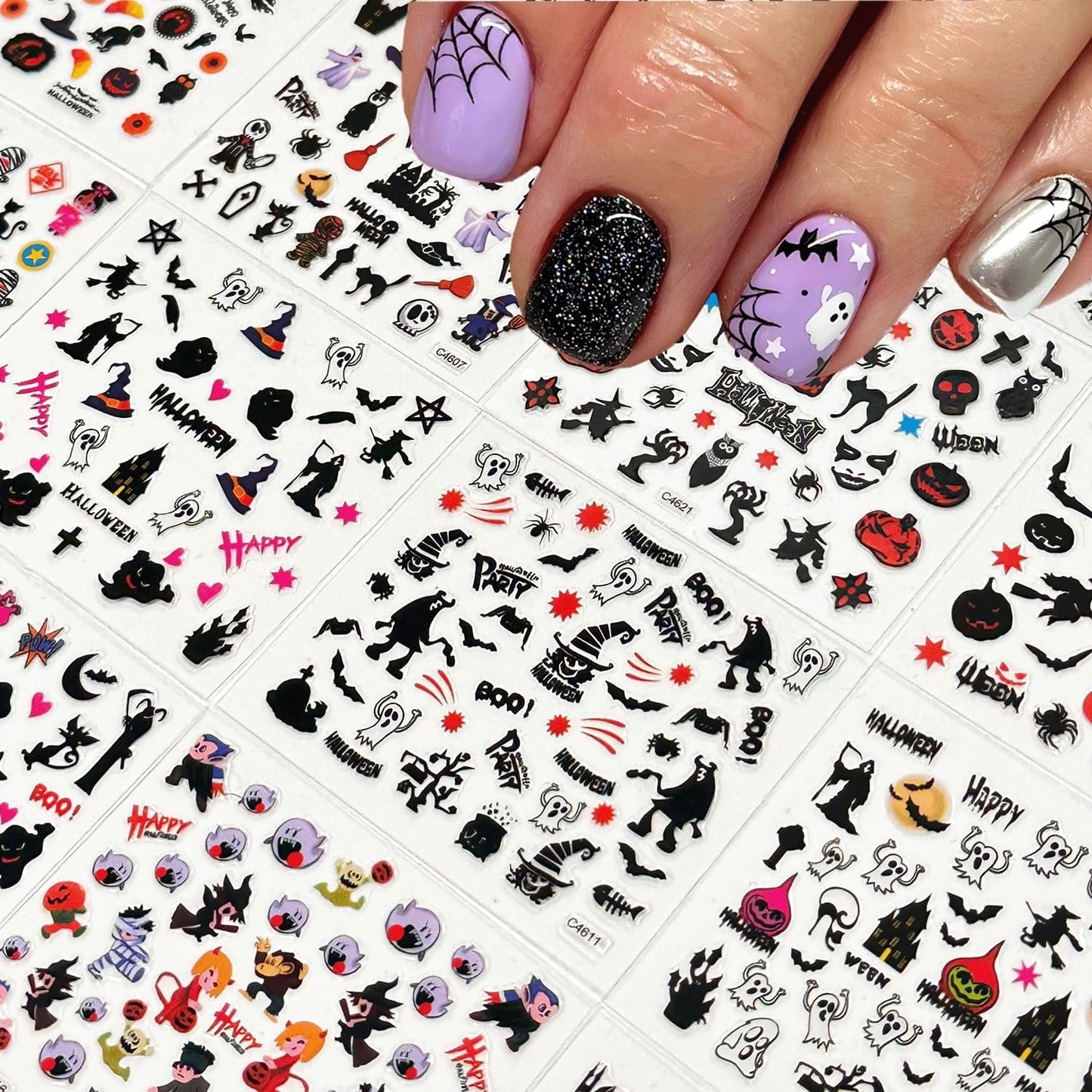 30 Sheets Halloween Nail Stickers 3D Self Adhesive Halloween Nail Decals Ghost Spider Nail Art Stickers Pumpkin Bat Nail Design Nail Art Supplies for Acrylic Nails Decorations for Women-FemmiqueWomen