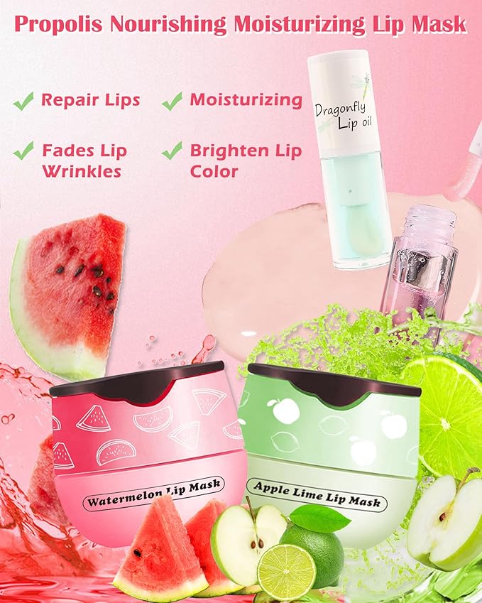 2Pcs Watermelon Lip Balm Honey Pot Lip Mask & Lip Glowy Oil Lip Care Set, Propolis Moisturizing & Nourish Hydrating Lip Gloss Repair, Reduce Lip Line & Plump Dry Cracked Lip Scrub Exfoliator -Set C-FemmiqueWomen