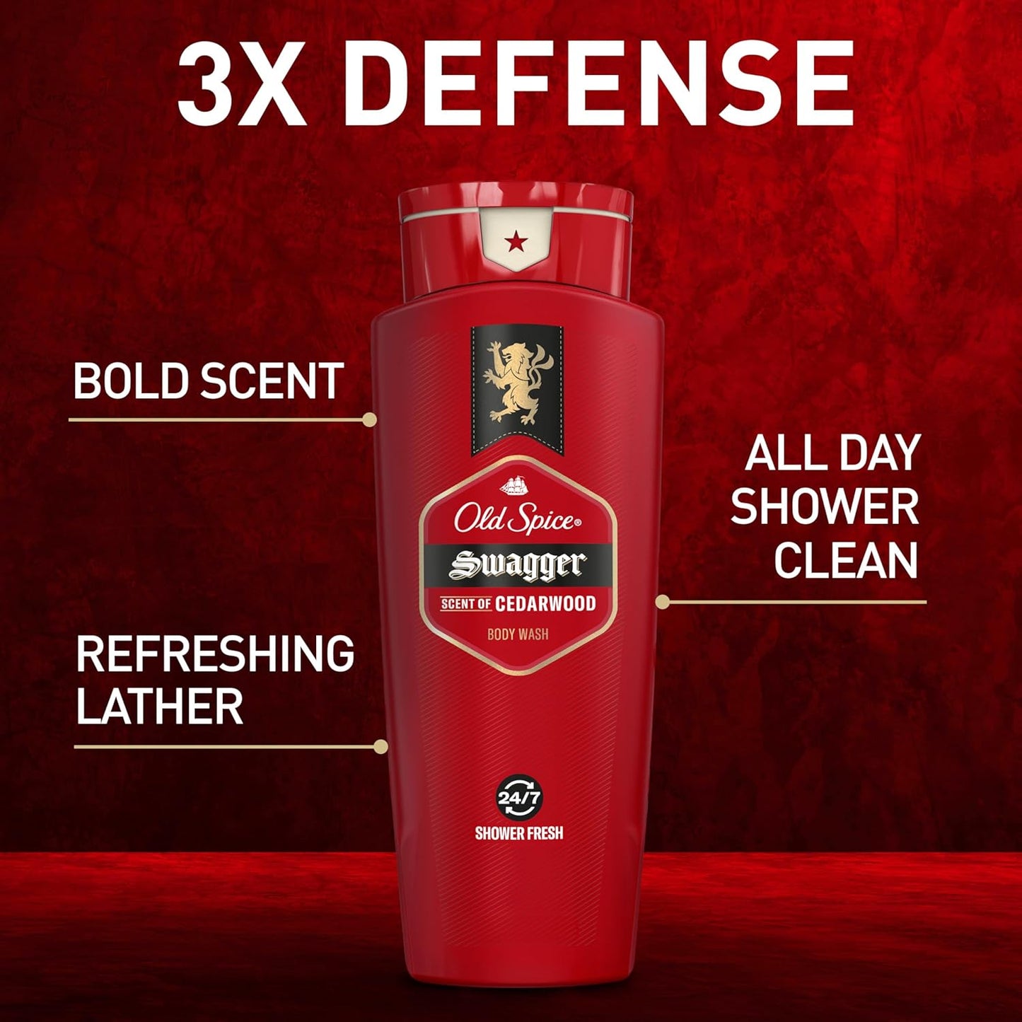 Old Spice Refreshing Body Wash for Men, 3X Defense, 24/7 Shower Fresh with Long Lasting Scent, Red Collection, Swagger with Cedarwood Scent, 16 oz (Pack of 4)-FemmiqueWomen