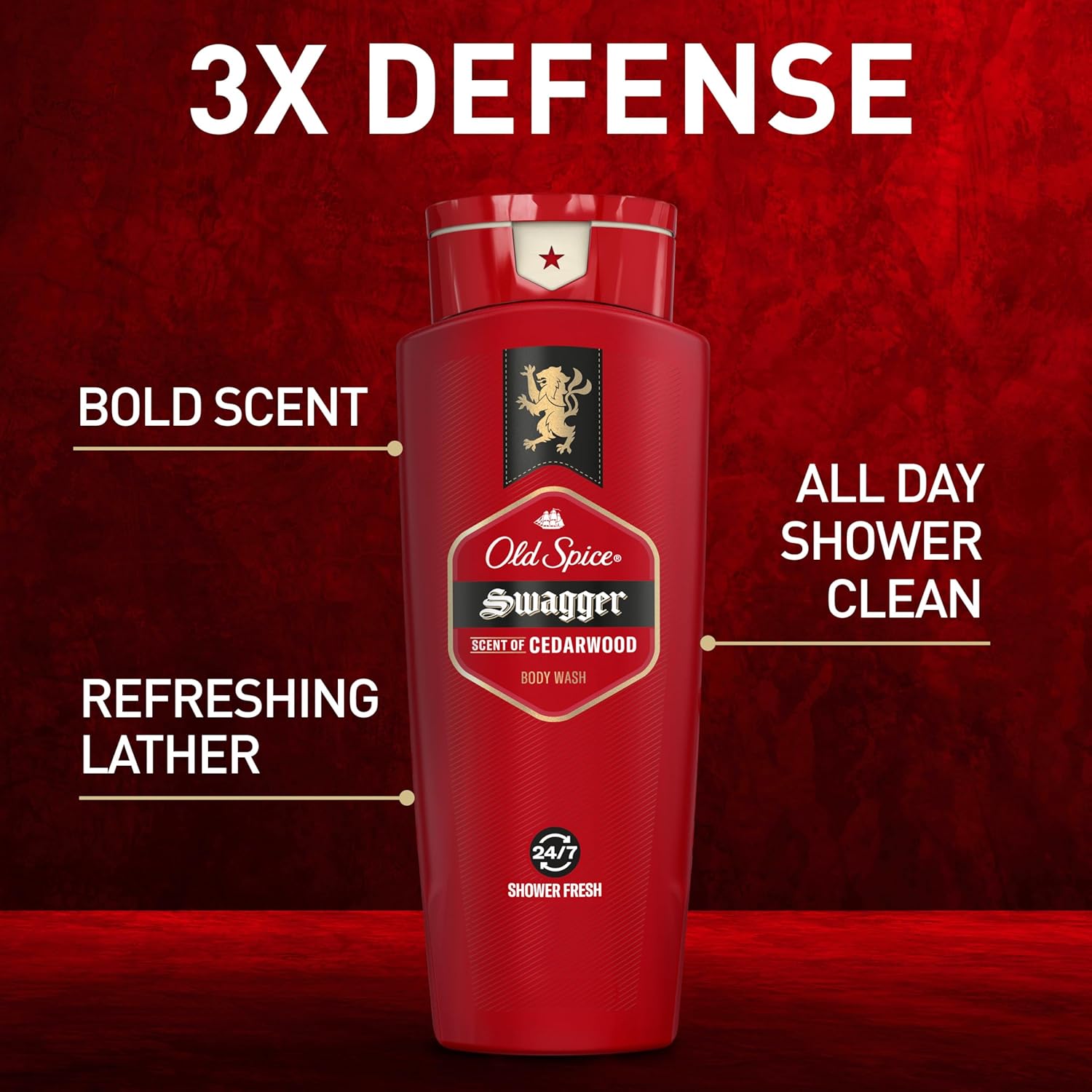 Old Spice Refreshing Body Wash for Men, 3X Defense, 24/7 Shower Fresh with Long Lasting Scent, Red Collection, Swagger with Cedarwood Scent, 16 oz (Pack of 4)-FemmiqueWomen