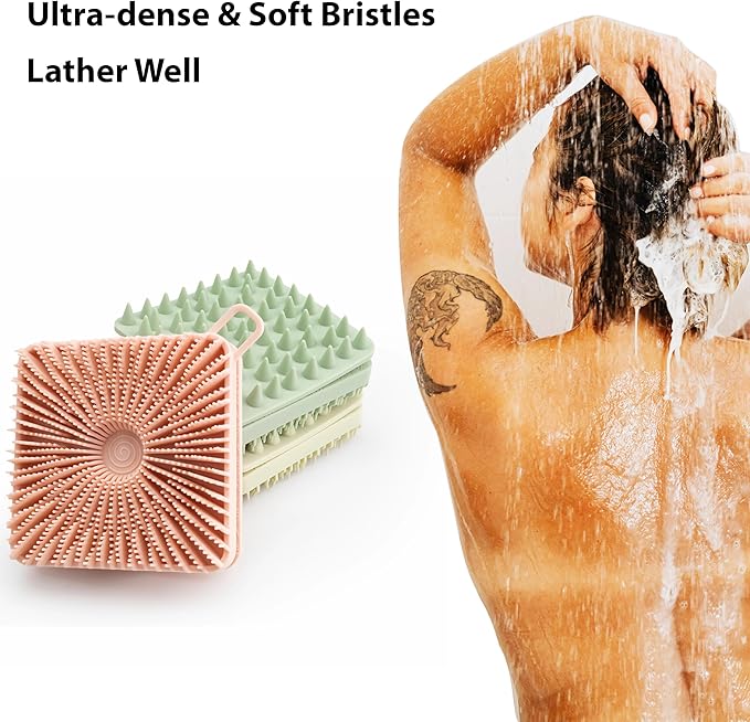 2 PC Silicone Exfoliating Body Scrubber, Silicone Body Shampoo Brush, Soft Silicone Loofah for Sensitive Skin, Shower Silicone Hair Scalp Massager, Easy to Clean, Lather Well(Black&Green)-FemmiqueWomen