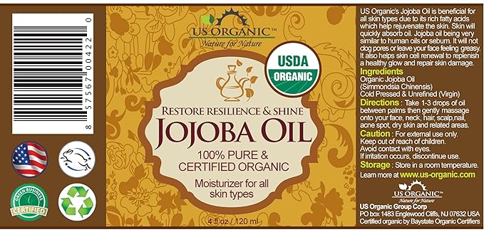 US Organic Jojoba Oil, USDA Certified Organic,100% Pure & Natural, Cold Pressed Virgin, Unrefined, Haxane Free, Sourced from Middle East Directly (Medium (4oz, 115ml))-FemmiqueWomen