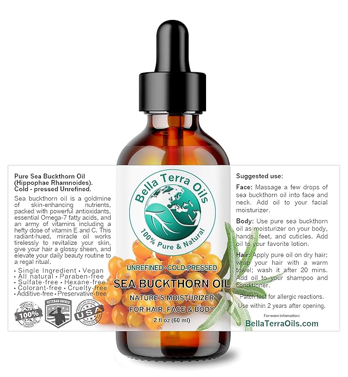 Bella Terra Oils - Organic Sea Buckthorn Oil 2 oz - Dive into Rich Essence of Organic Sea Buckthorn Berry, Packed with Vitamin C, E, & A, Omega-Fatty Acids Delight for Face-FemmiqueWomen