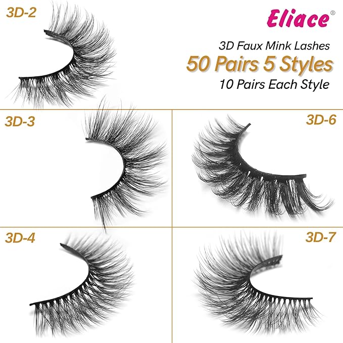 Eliace Eyelashes, (50 Pairs,5 Styles) Luxurious Faux Mink Lashes Natural Look Wispy Fluffy Handmade Cat Eye False Lash Pack, False Eyelashes Set, Fake Lashes Strips, Makeup Fake Eyelashes Pack-FemmiqueWomen