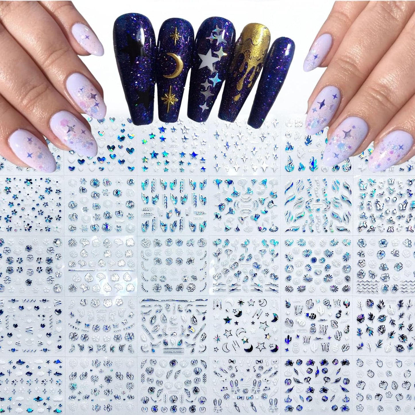30 Sheets Aurora Nail Art Stickers Heart Star Nail Decals 3D Self-Adhesive Holographic Laser Star Nail Stickers Glitter Flower Butterfly Pattern Acrylic Design for Women Girls DIY Nail Art Decoration-FemmiqueWomen