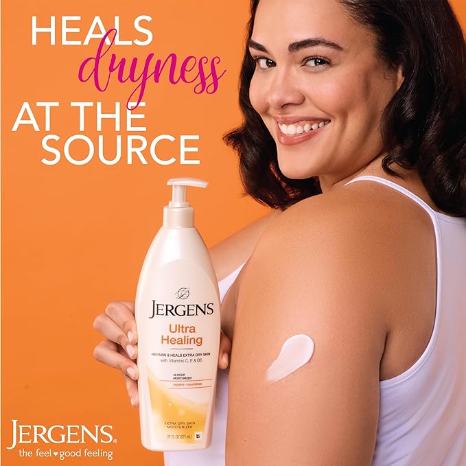 Jergens Ultra Healing Dry Skin Lotion, Hand and Body Moisturizer for Quick Absorption into Extra Dry Skin with Hydralucence Blend, Vitamins C, E and B5, White, 32oz-FemmiqueWomen