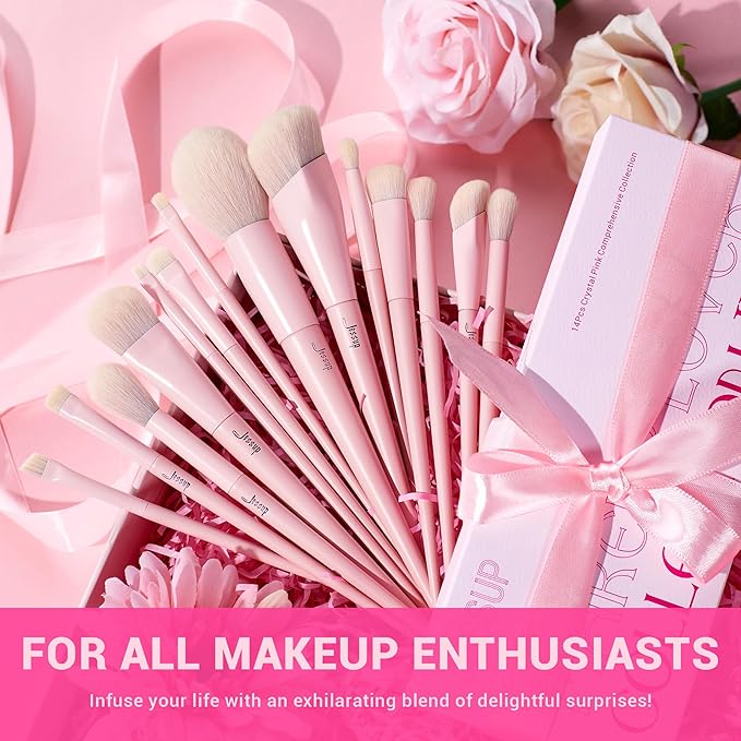 Jessup Pink Makeup Brushes Set 14Pcs Make up Brushes Premium Vegan Foundation Concealer Blush Eyeshadow Eyeliner Powder Highlighter Blending Face Brush Set, T495-FemmiqueWomen